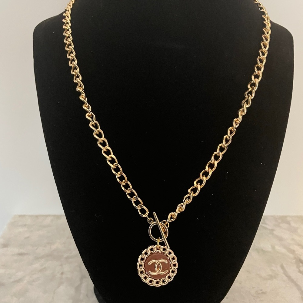 Upcycled vintage Chanel button 14k gold chain